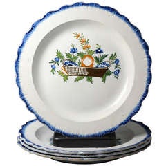 Set of Four Antique English Pottery Pearlware Plates with Pratt Color Decoration with Baskets of Flowers circa 1810