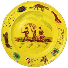 Pottery Child Plate In Canary Yellow Showing Children "Playing at Cae Troia"