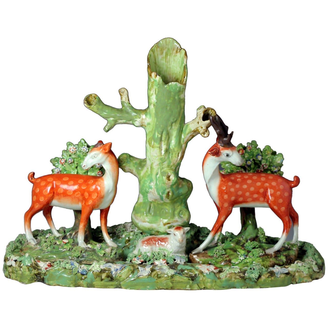 Staffordshire Pottery Pearlware Trio Figure Group with Lamb, Stag and Doe For Sale