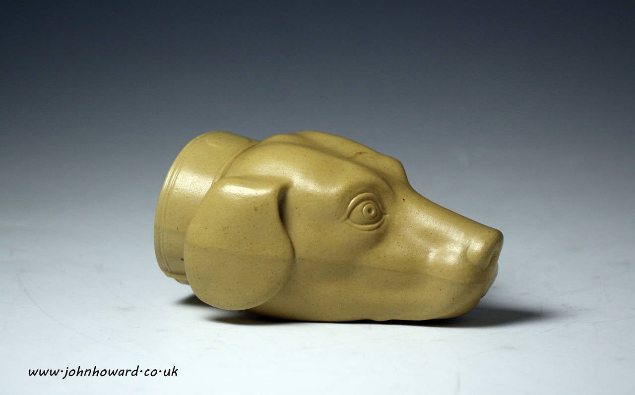 Antique English pottery stirrup cup in the form a hound's head C1800