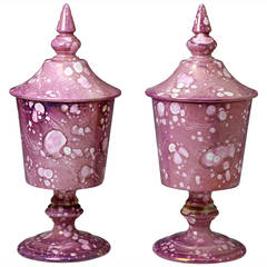 Pair of English pink luster pottery goblets with covers early 19th century