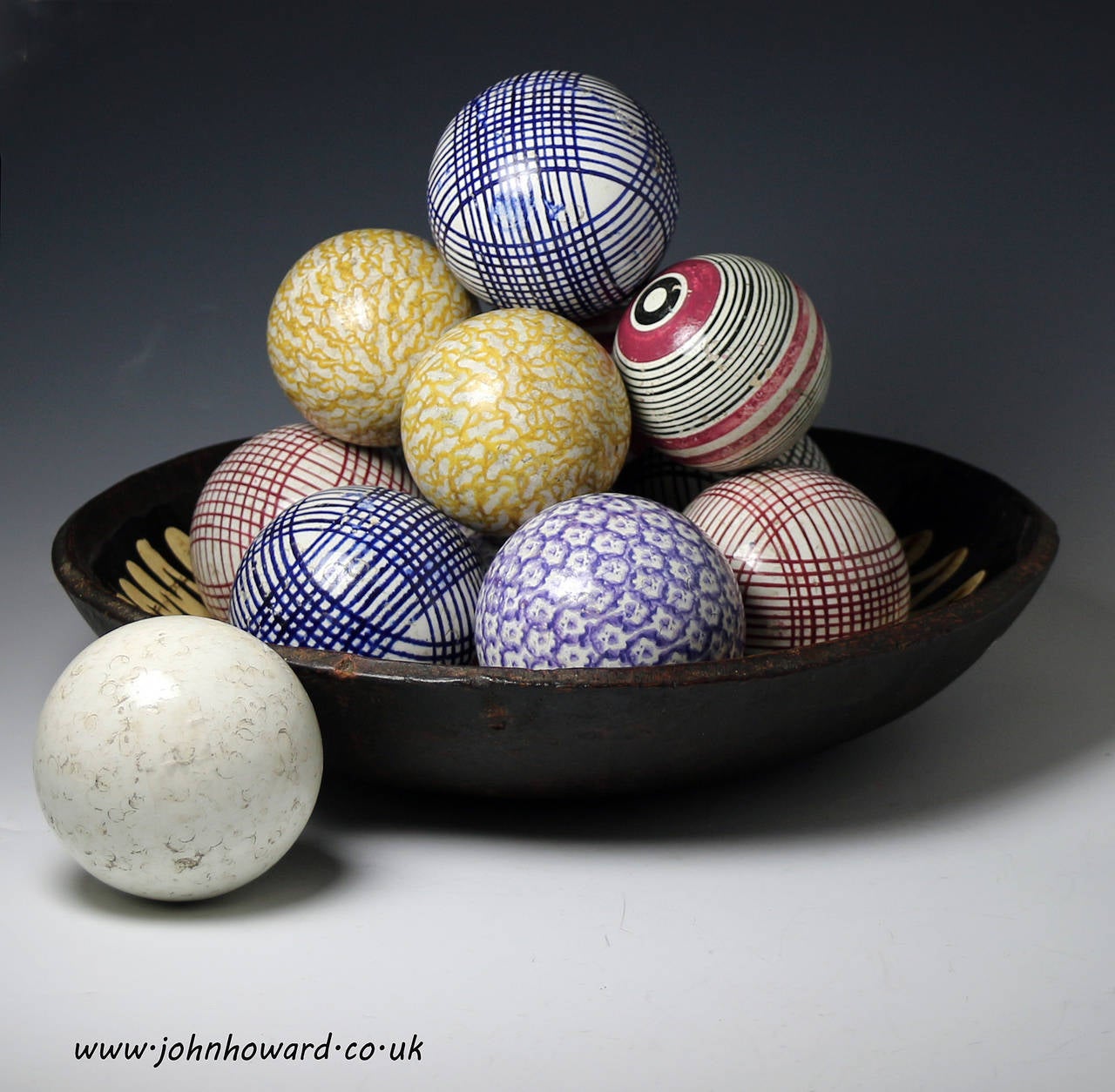 British Collection of 13 pottery carpet balls mid 19th century