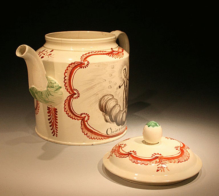 Antique 18th Century Creamware Pottery Teapot With Christ Ascending