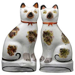 Antique Staffordshire Pottery Pair Figures of Seated Cats Victorian Period Mid 19th Century