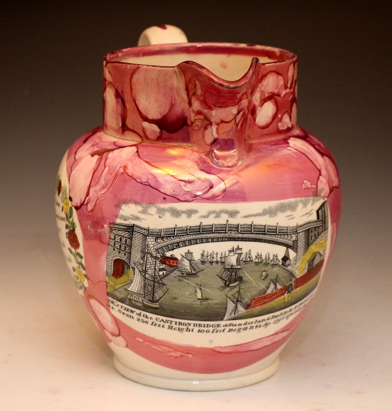Sunderland Pottery pink splash luster pitcher. c1835