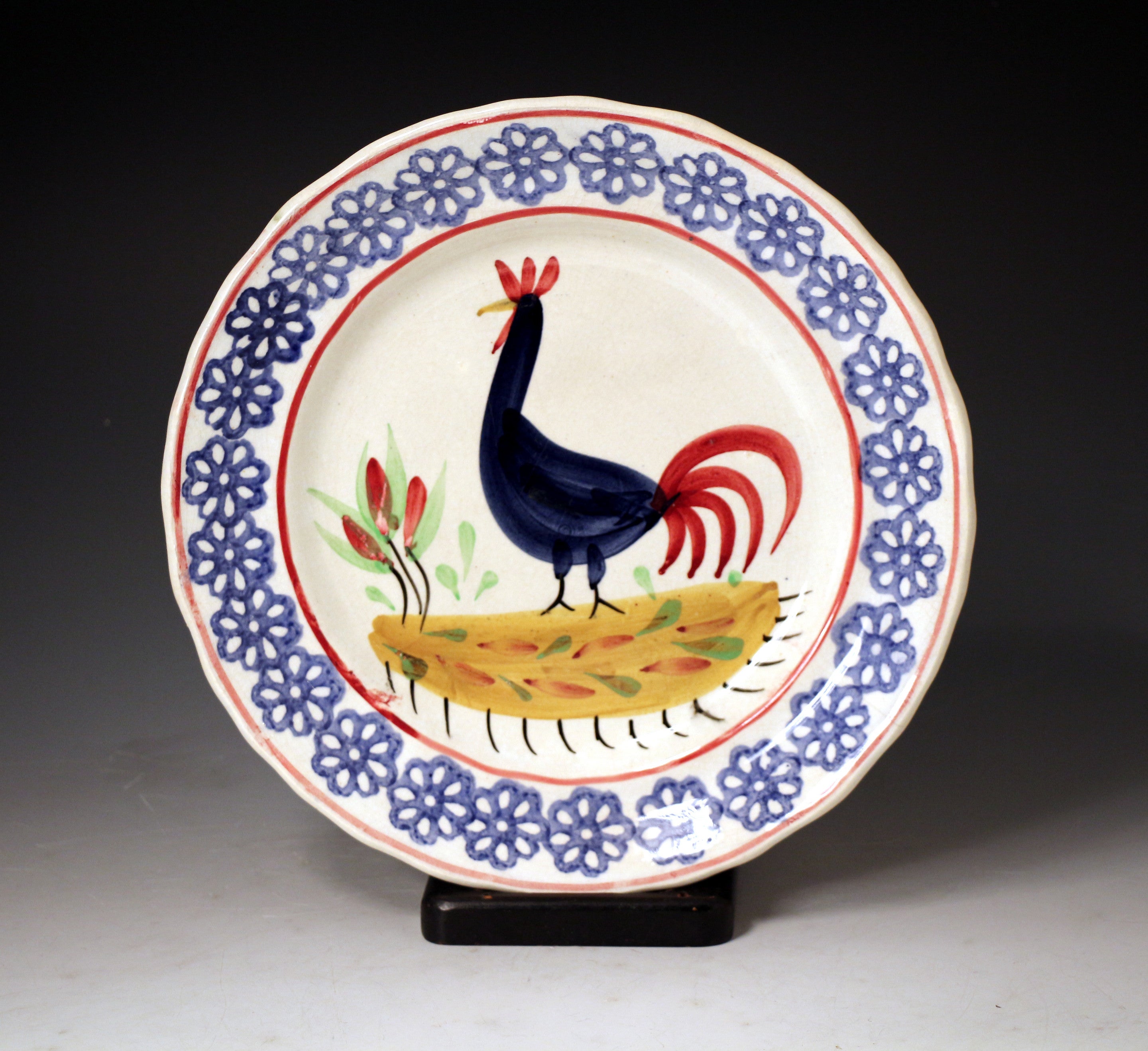 Antique Welsh Pottery Llanelli cockerel plate sponge decorated c1900