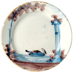 Antique English delftware plate in polychrome with image of a swan c1735