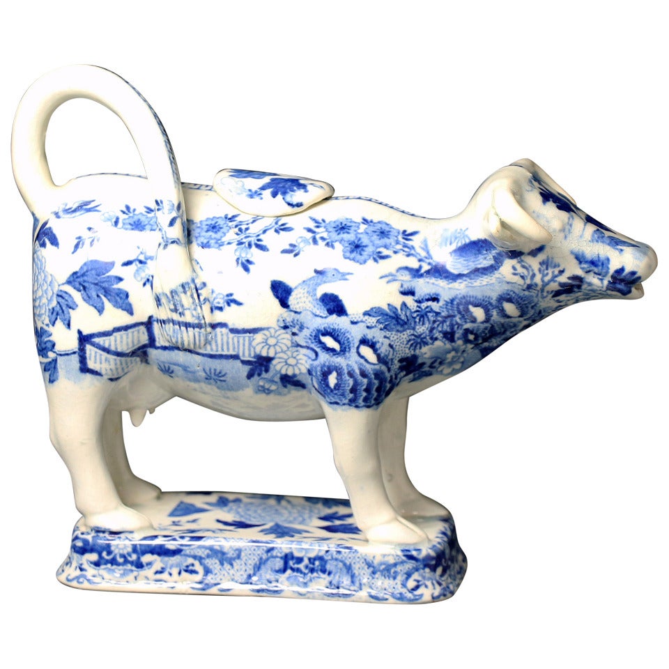 Antique Staffordshire or Yorkshire Pottery Cow Creamer in Underglaze Blue and White Transfer circa 1820