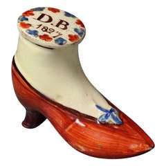 Antique Staffordshire pottery pearlware model of a snuff box in the form of a shoe dated 1827
