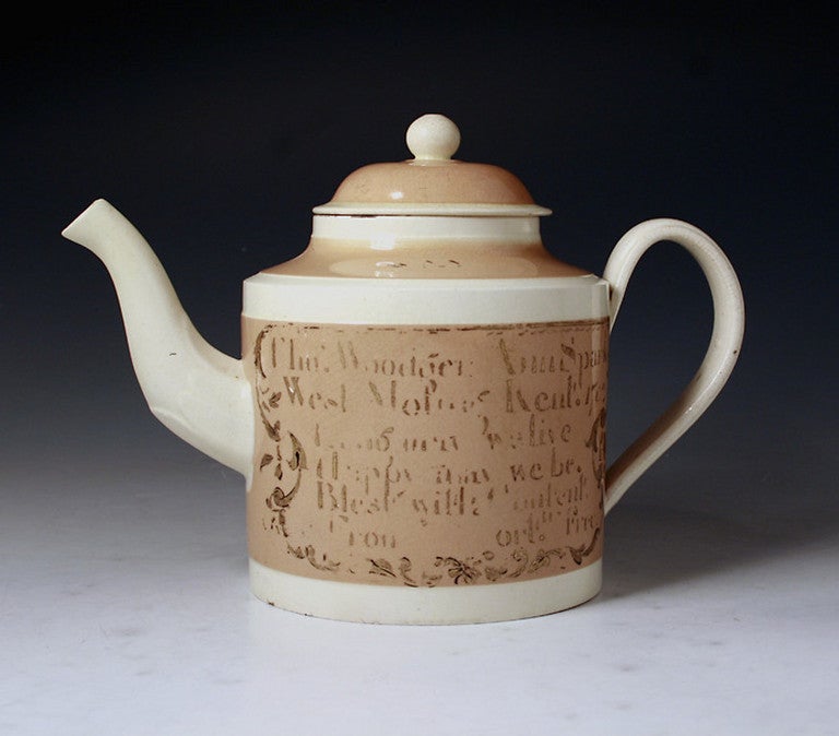 A very rare and unusual North England creamware pottery teapot from the 18th century. 
The smooth and elegant caramel coloured ground is decorated with a naive farm yard scene. 
The paradoxical rendition of classical with the folk art application