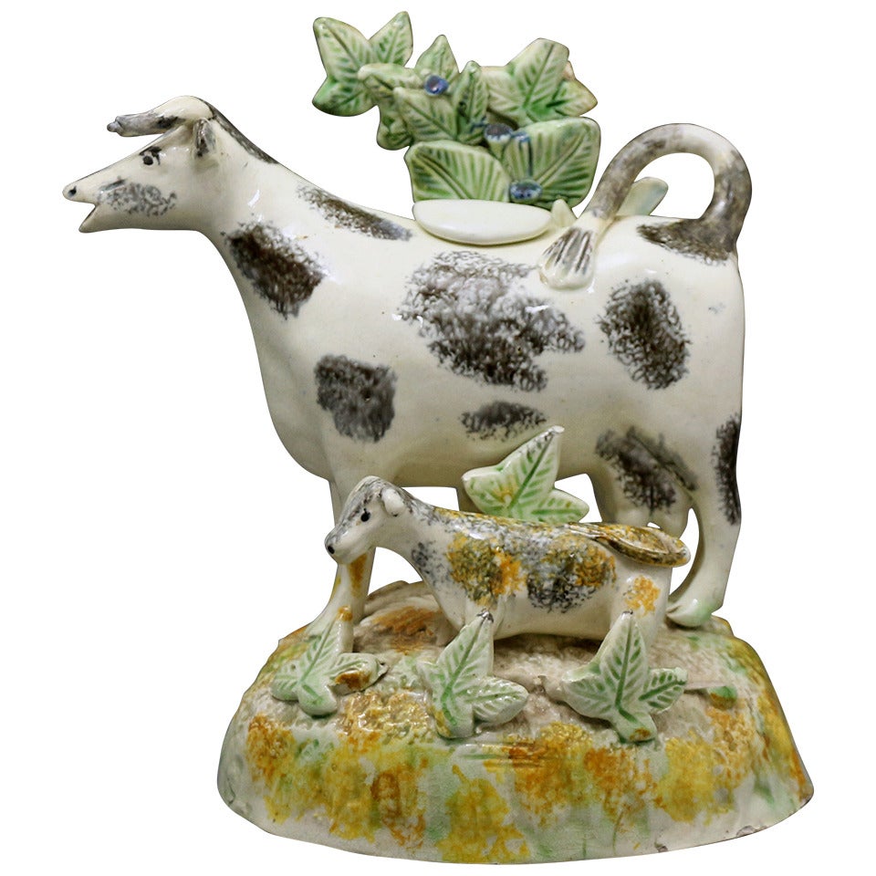Antique English Pottery Cow Creamer with Bocage Late 18th Century