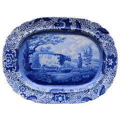 Antique Blue And White Pottery Charger Durham Ox Pattern English C1820