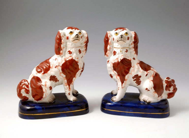 A fine and appealling pair of Staffordshire pottery figures of spaniel dogs modelled seated on blue bases. The figures are of good quality with attention to detail such as the seperate modelling of the front legs and finely executed decoration to