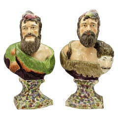 Pair Of Antique Staffordshire Pottery Figures Of Neptune And Hercules 