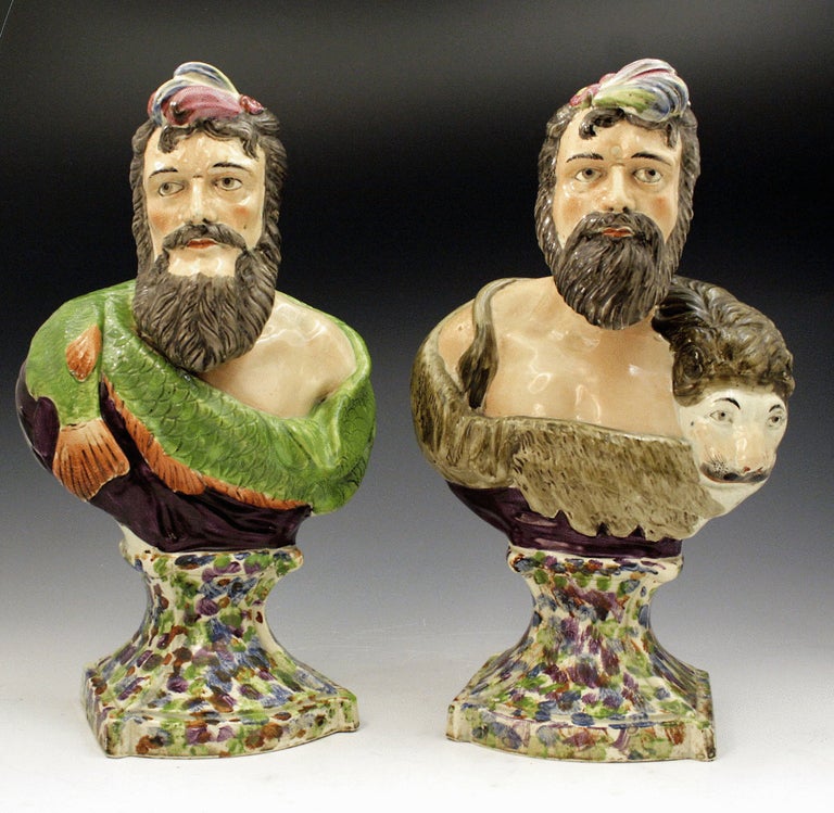 Pair Of Antique Staffordshire Pottery Figures Of Neptune And Hercules