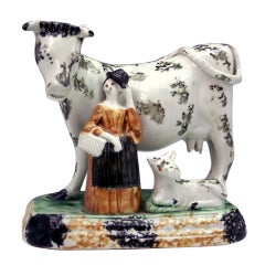 Antique Yorkshire Pottery Figure Of Cow With Maid C1800 