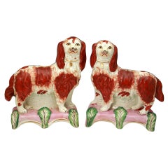 Antique Staffordshire Victorian Figures Of Spaniel Dogs On Bases 