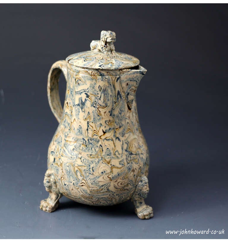 Early Staffordshire English pottery agateware pitcher with cover circa 1760 1