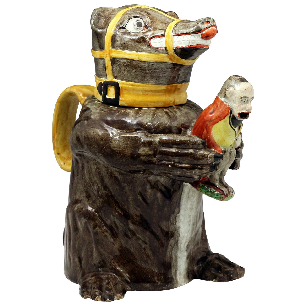 Prattware Jug and Cover of aRussian Bear Hugging Napoleon Depicted as a Monkey For Sale