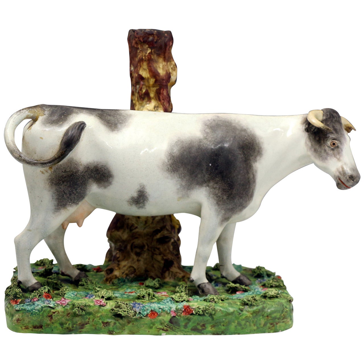 Massive Staffordshire Pearlware Pottery Figure of a Standing Cow on Colored Base
