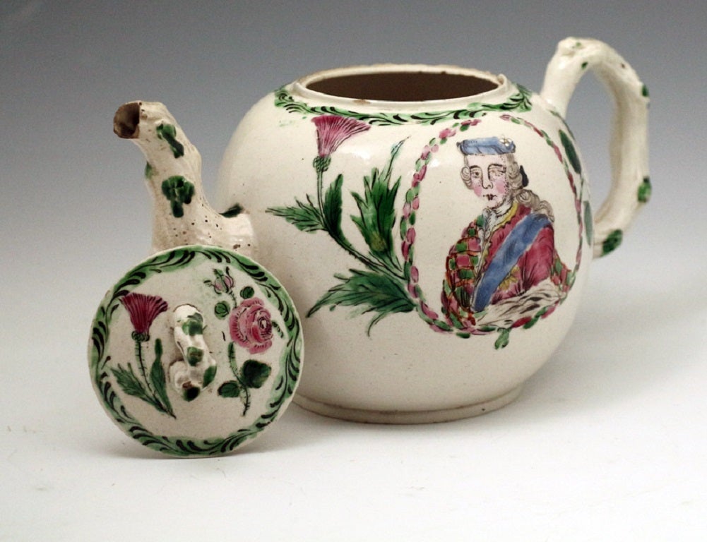 English Staffordshire Pottery Jacobite Theme Saltglaze Teapot