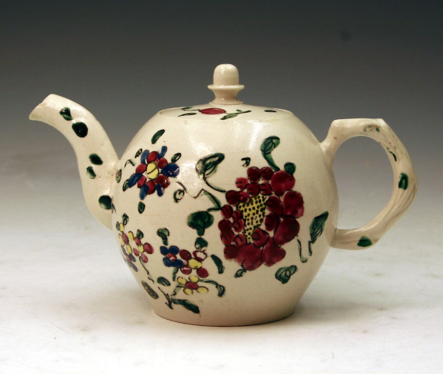 English Stoneware Salt Glaze Teapot With Enamel Colours 18 Th Century 