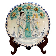 English Delftware Adam and Eve Charger with blue dash border Bristol Pottery 