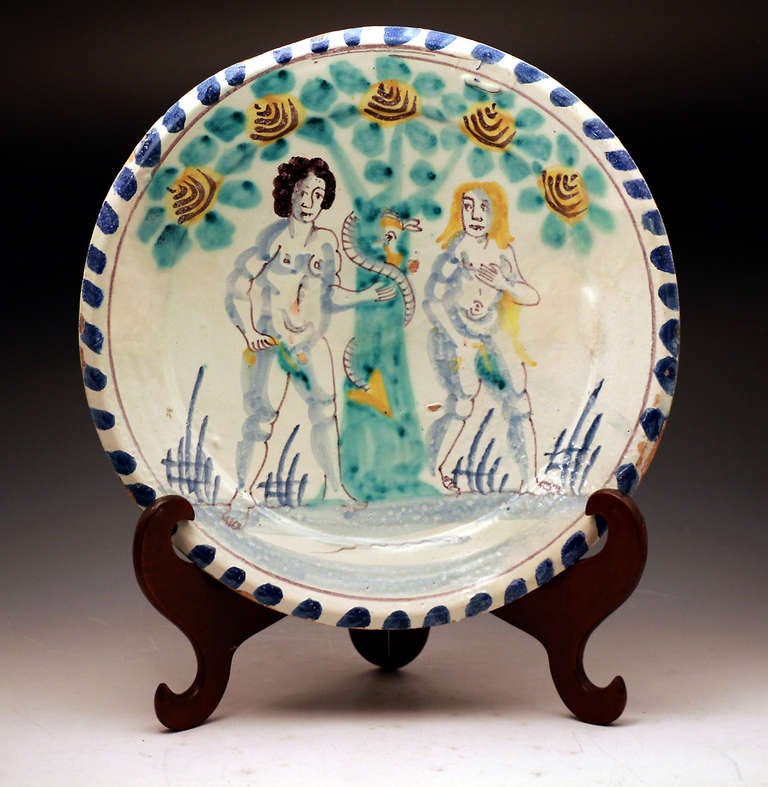 English Delftware Adam and Eve Charger with blue dash ...