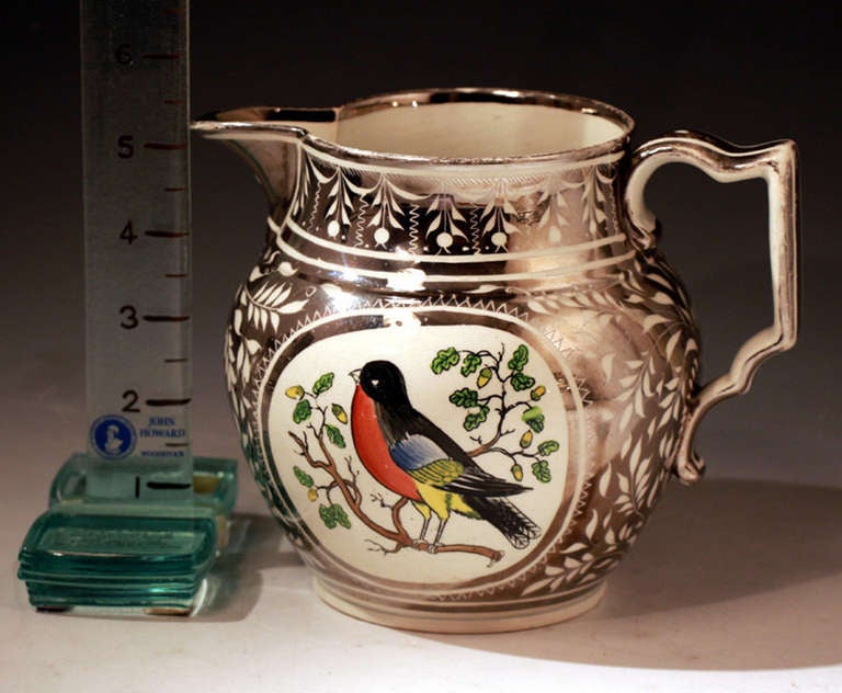 Antique silver luster pottery pitcher with image of a Robin.  In Excellent Condition In Woodstock, OXFORDSHIRE