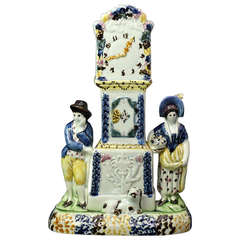 Antique Pottery Prattware Clock Group with Figures in the Form of a Money Bank, Yorkshire 1810