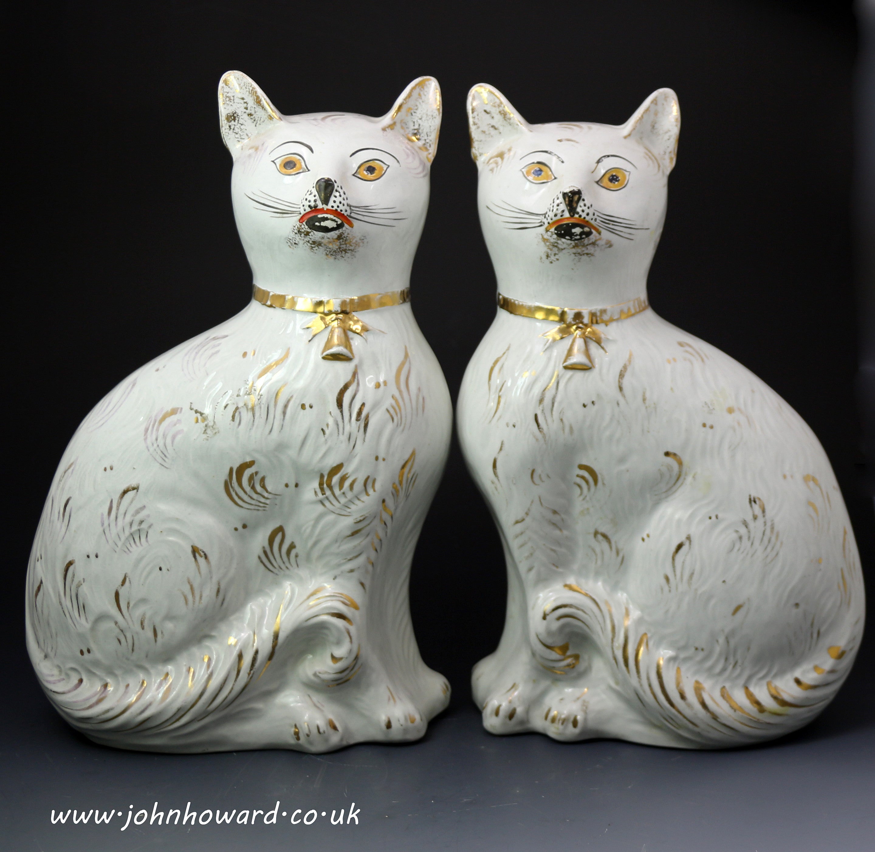 Pair of Scottish Pottery Figures of Seated Cats with Gold Collars, circa 1880 