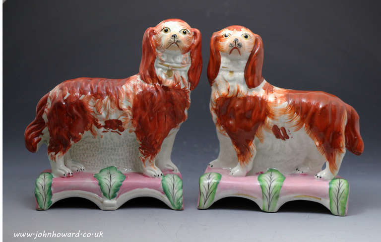 Antique Staffordshire figures of spaniels standing on pink and green bases known as Grace and Majesty c1855. This rare model is the smaller and prettier version. 

Literature: A-Z Staffordshire Dogs by Clive Mason Pope.