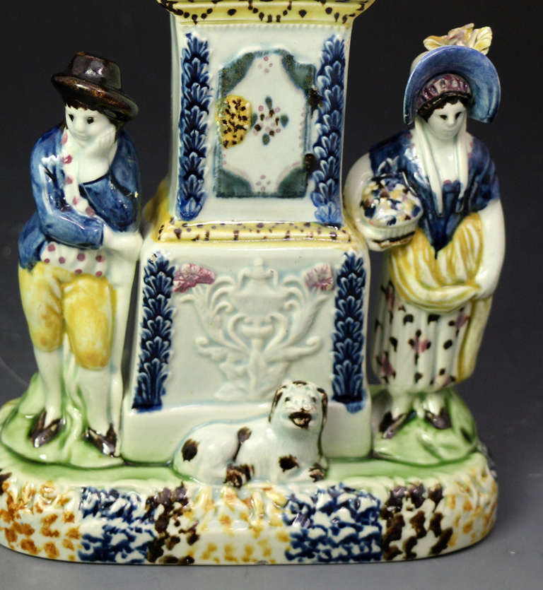 English Antique Pottery Prattware Clock Group with Figures in the Form of a Money Bank, Yorkshire 1810