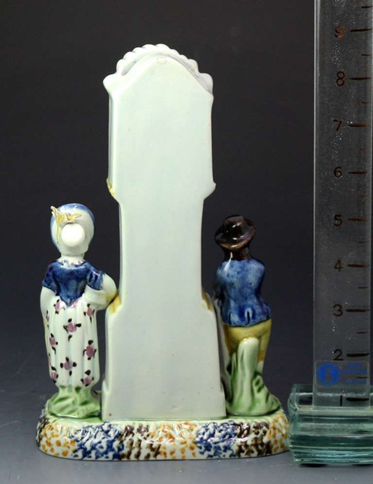 Antique Pottery Prattware Clock Group with Figures in the Form of a Money Bank, Yorkshire 1810 1