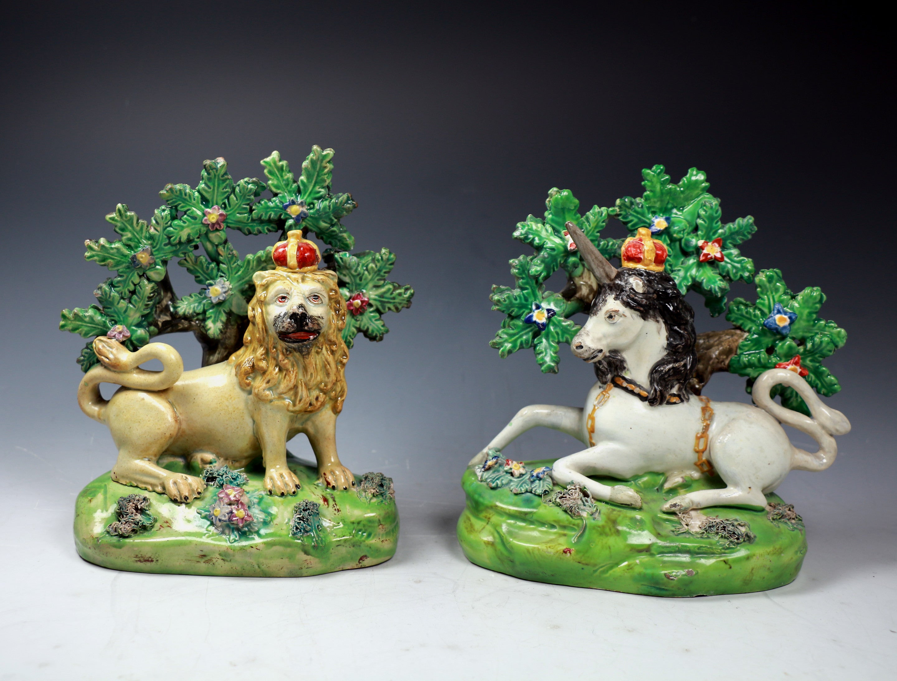 English Staffordshire pottery figures of the Lion and the Unicorn. Walton c182
