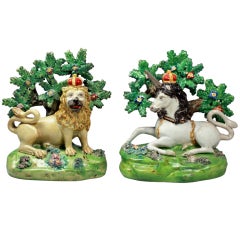 English Staffordshire pottery figures of the Lion and the Unicorn. Walton c182
