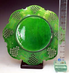 English pottery green glaze dish with reticulated border Staffordshire 18th C