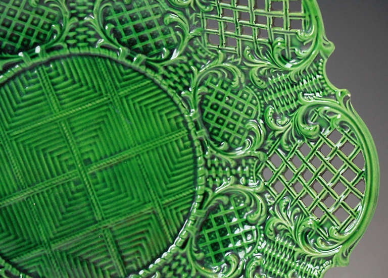 English pottery green glaze dish with reticulated border Staffordshire 18th C