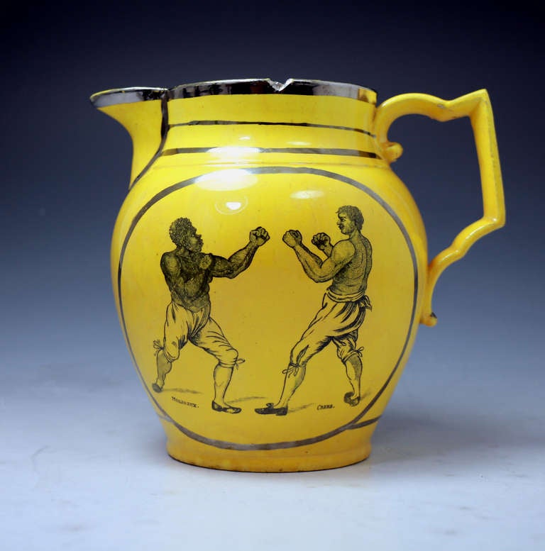 English pottery pitcher with Molyneux and Cribb the Boxers c1815