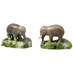 Antique Staffordshire Pottery Pair of Pearlware Elephants by Enoch Wood, Early 19th Century