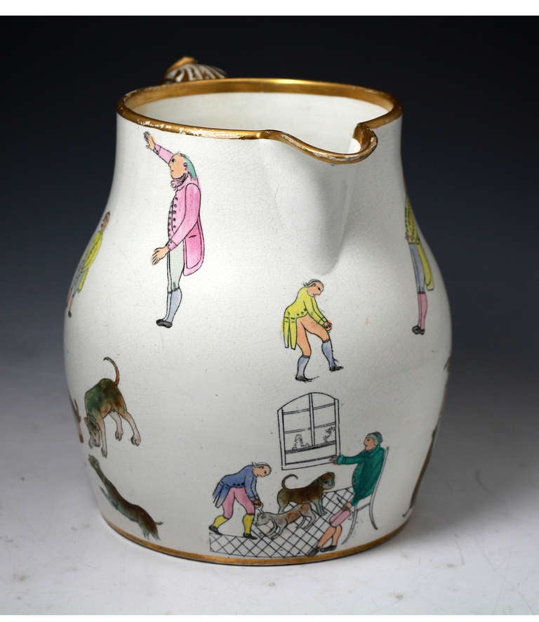 English Staffordshire pottery pitcher with bull baiting motifs circa 1820