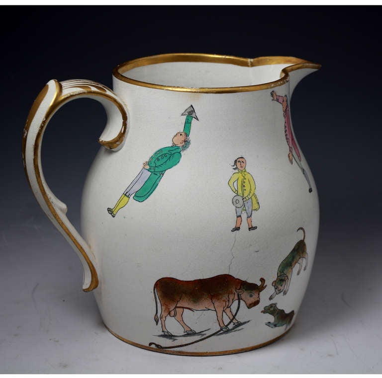 Staffordshire pottery pitcher with bull baiting motifs circa 1820 In Excellent Condition In Woodstock, OXFORDSHIRE