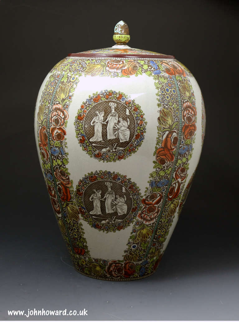 A large English pottery jar and cover commemorating the peace accord signed at Amiens.
This piece is attributed to Wedgewood and Co who had potteries at Ferrybridge in Yorkshire and Staffordshire.The jar is decorated in an underglaze transfer