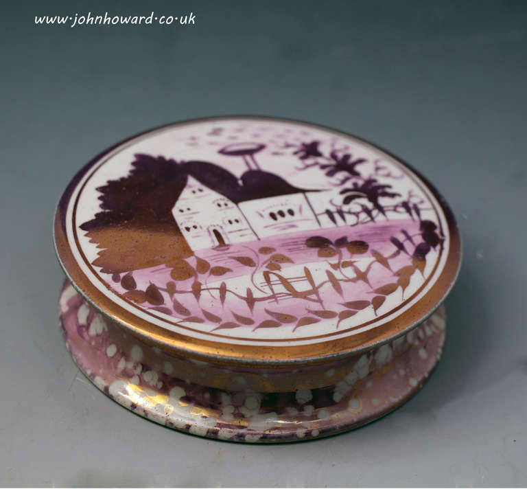 Antique Pink Luster Pottery Circular Box Staffordshire circa 1820