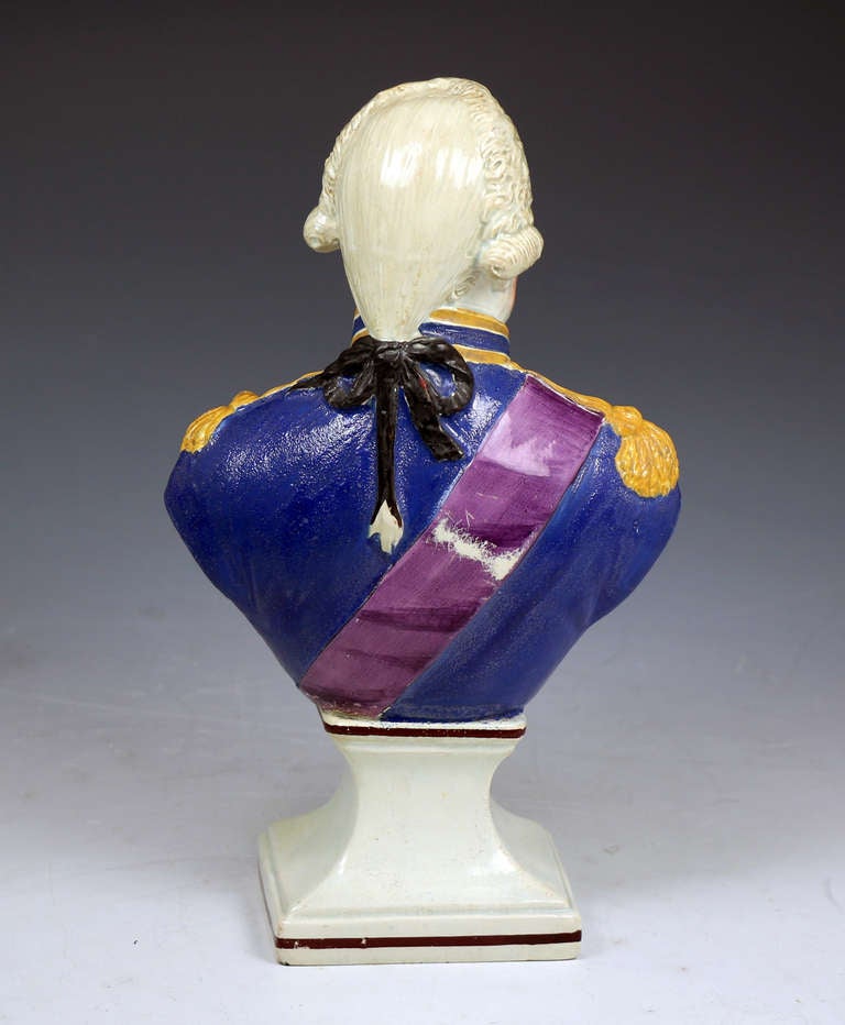 Herculaneum Liverpoll pottery figure bust of an Admiral, probably John Jervis Earl St.Vincentt.

Antique Staffordshire pottery commemorative bust of the British Admiral John Jervis later Earl St Vincent. The figure is well executed and a very fine