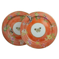 Pair of Wedgwood Pottery plates with orange ground and butterflies circa 1800