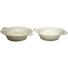 Pair Of Plain Creamware Baskets With Reticulated Borders, English Pottery