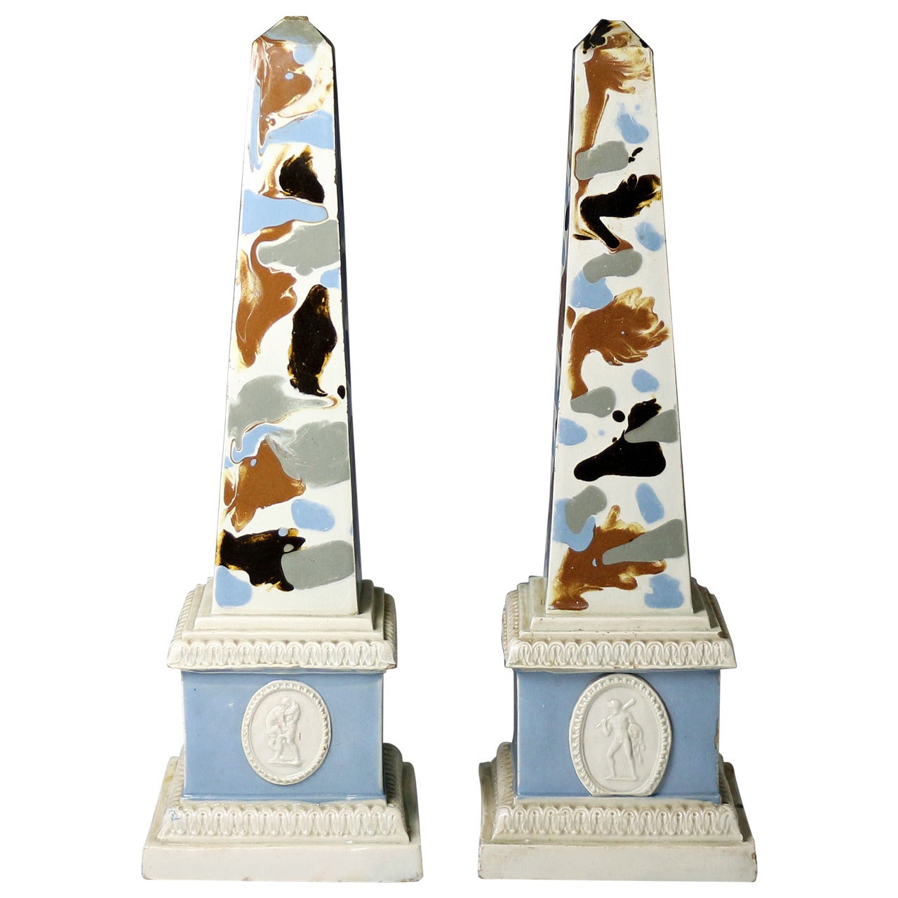 Pair of Mocha Decorated Pearlware Obelisks, circa 1800
