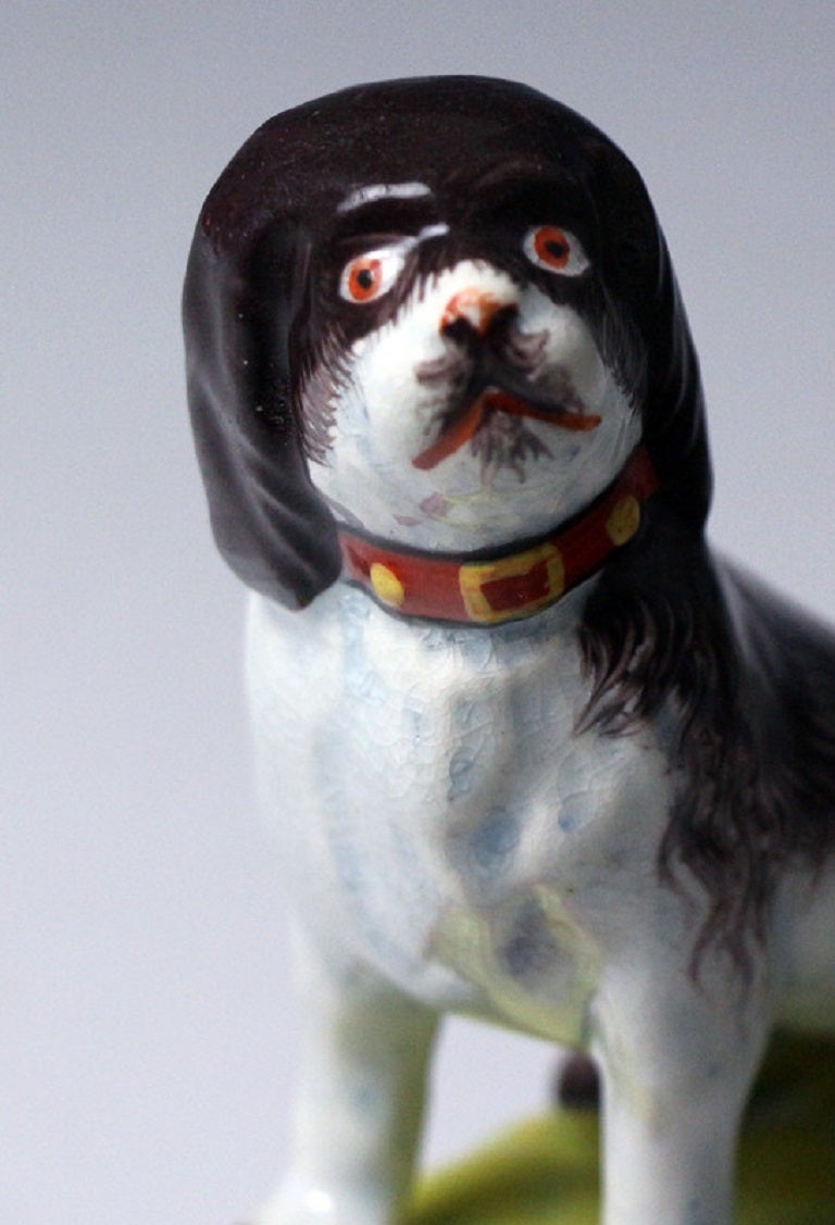 English Staffordshire Pottery Pearlware Figure of a Dog Seated on Cushion Base