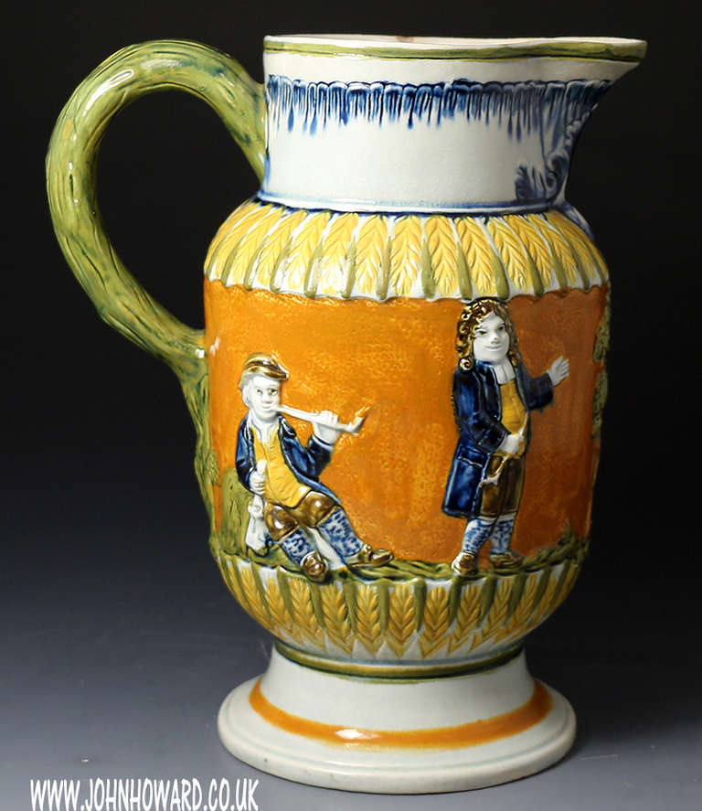 18th Century and Earlier Antique English Prattware Pottery Pitcher with Relief Decoration circa 1800